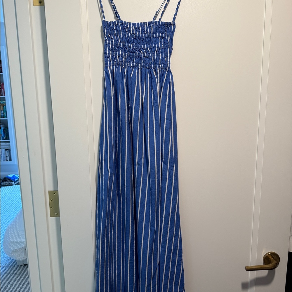 Faithfull the Brand Blue and White Striped Midi Dress
